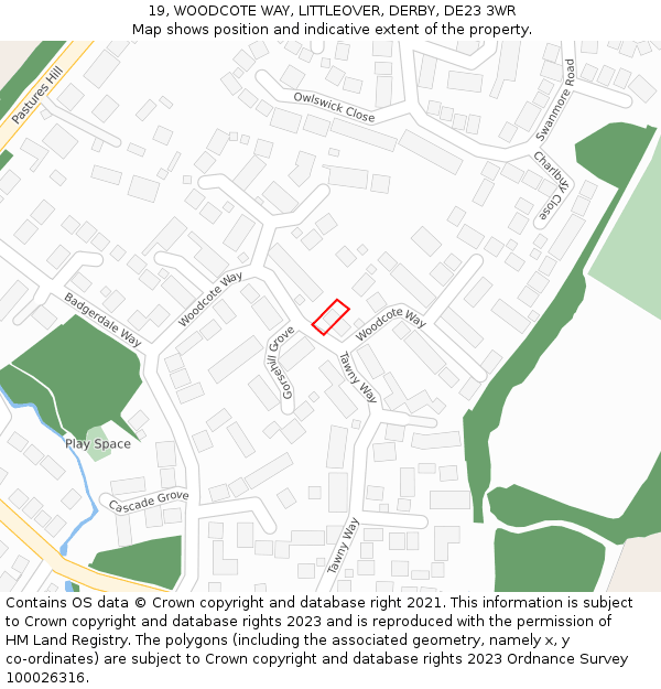 19, WOODCOTE WAY, LITTLEOVER, DERBY, DE23 3WR: Location map and indicative extent of plot