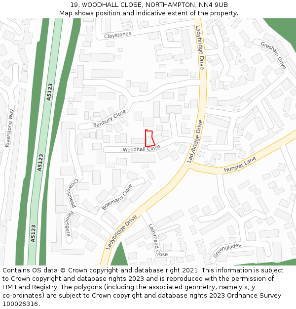 19, WOODHALL CLOSE, NORTHAMPTON, NN4 9UB: Location map and indicative extent of plot