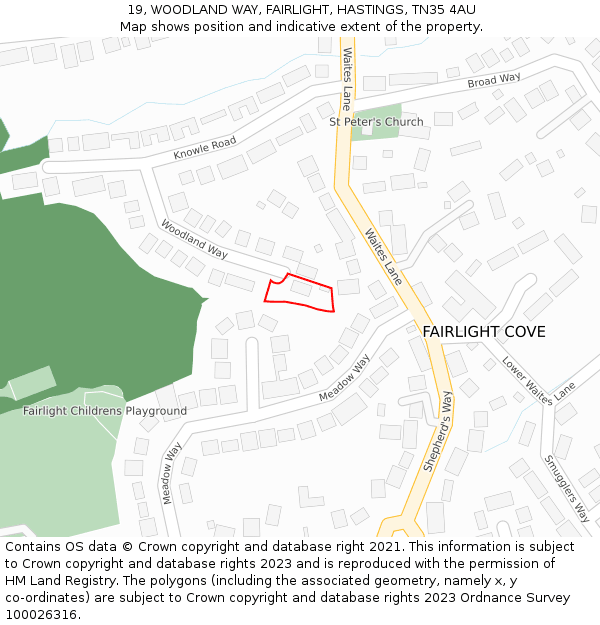 19, WOODLAND WAY, FAIRLIGHT, HASTINGS, TN35 4AU: Location map and indicative extent of plot