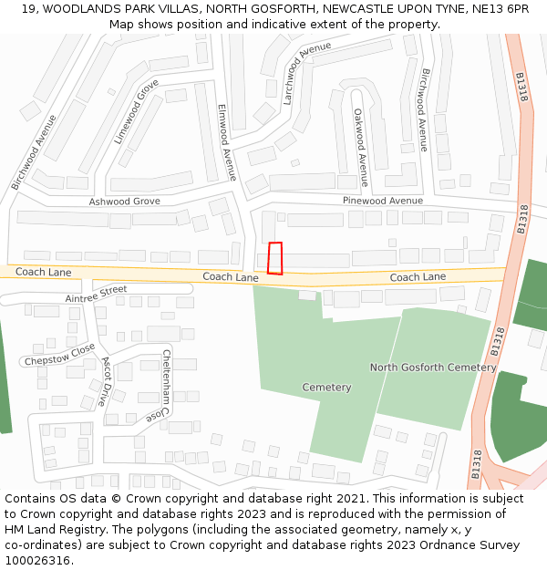 19, WOODLANDS PARK VILLAS, NORTH GOSFORTH, NEWCASTLE UPON TYNE, NE13 6PR: Location map and indicative extent of plot