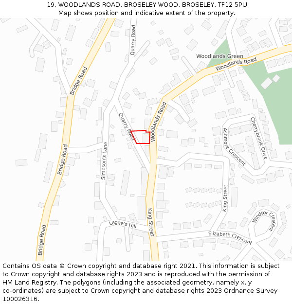 19, WOODLANDS ROAD, BROSELEY WOOD, BROSELEY, TF12 5PU: Location map and indicative extent of plot