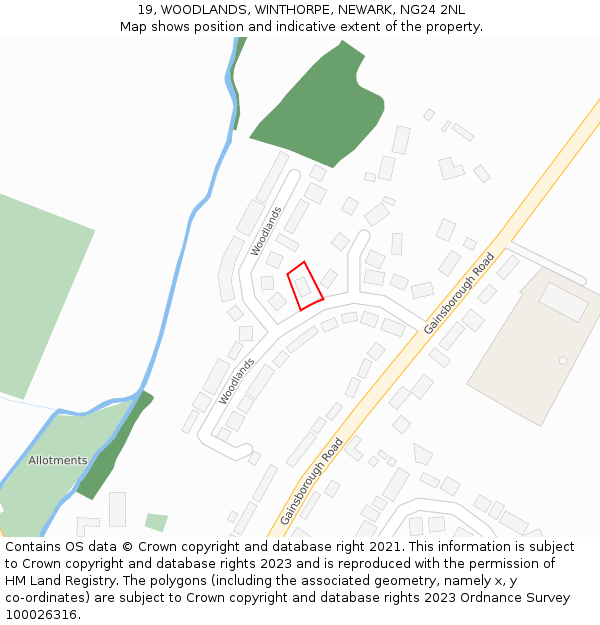 19, WOODLANDS, WINTHORPE, NEWARK, NG24 2NL: Location map and indicative extent of plot