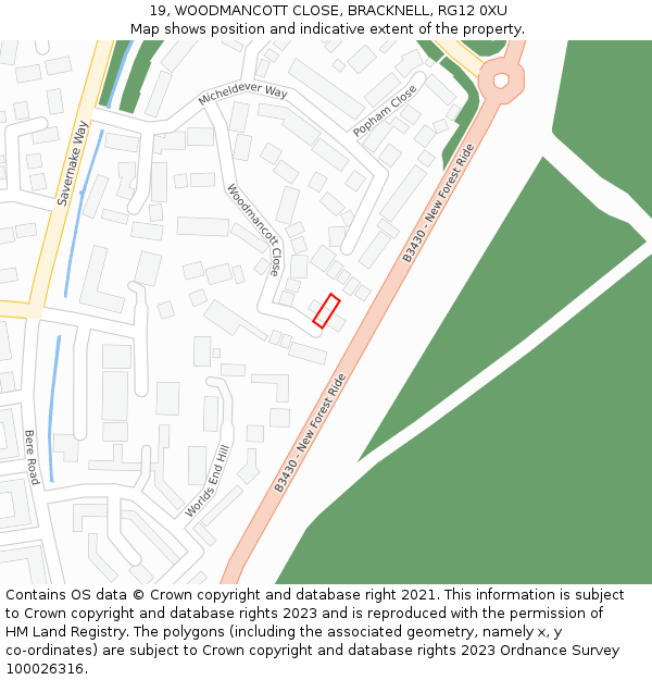 19, WOODMANCOTT CLOSE, BRACKNELL, RG12 0XU: Location map and indicative extent of plot