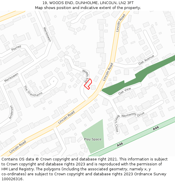 19, WOODS END, DUNHOLME, LINCOLN, LN2 3FT: Location map and indicative extent of plot