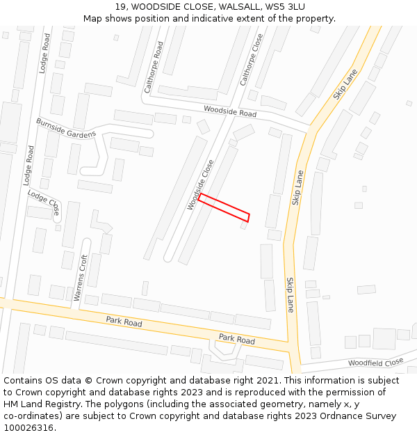 19, WOODSIDE CLOSE, WALSALL, WS5 3LU: Location map and indicative extent of plot