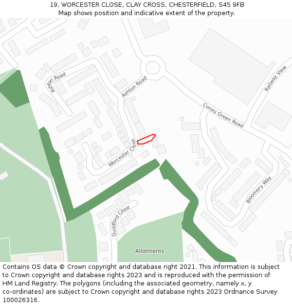 19, WORCESTER CLOSE, CLAY CROSS, CHESTERFIELD, S45 9FB: Location map and indicative extent of plot