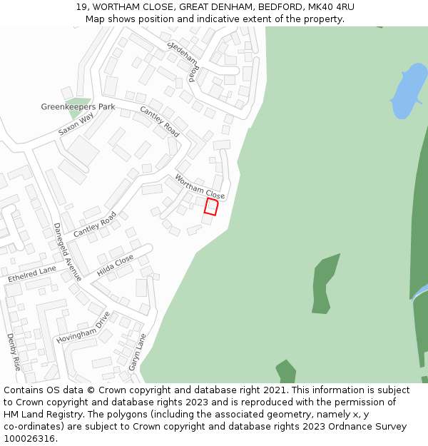 19, WORTHAM CLOSE, GREAT DENHAM, BEDFORD, MK40 4RU: Location map and indicative extent of plot