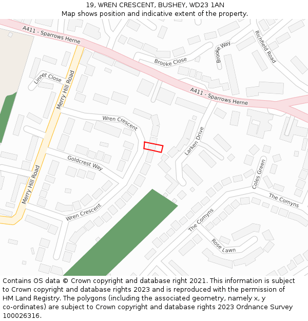 19, WREN CRESCENT, BUSHEY, WD23 1AN: Location map and indicative extent of plot