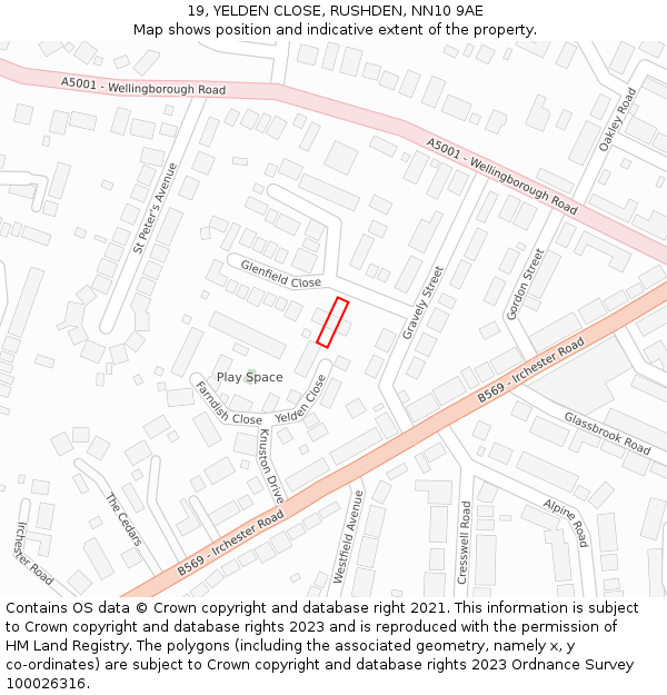 19, YELDEN CLOSE, RUSHDEN, NN10 9AE: Location map and indicative extent of plot