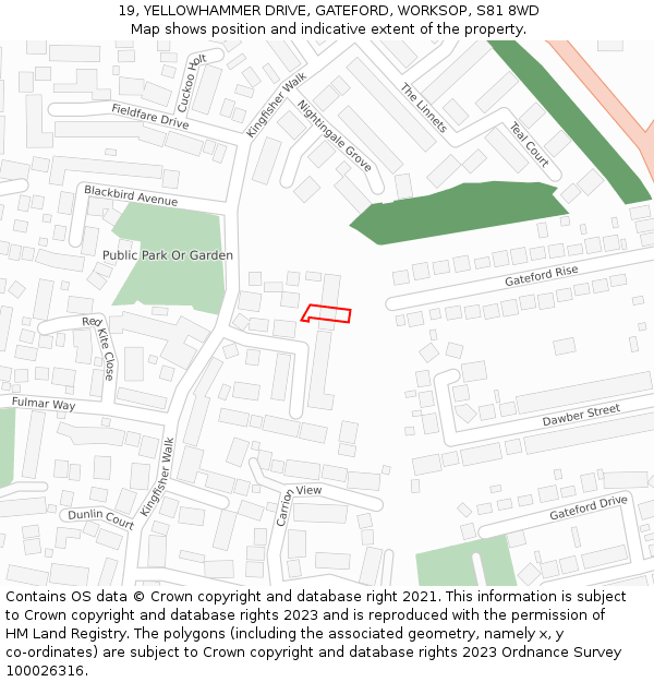 19, YELLOWHAMMER DRIVE, GATEFORD, WORKSOP, S81 8WD: Location map and indicative extent of plot