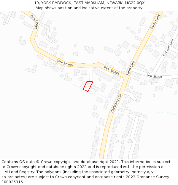 19, YORK PADDOCK, EAST MARKHAM, NEWARK, NG22 0QX: Location map and indicative extent of plot