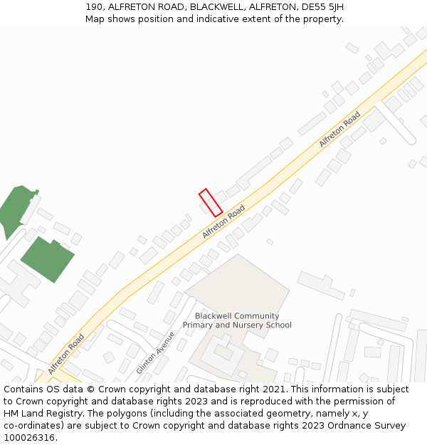 190, ALFRETON ROAD, BLACKWELL, ALFRETON, DE55 5JH: Location map and indicative extent of plot