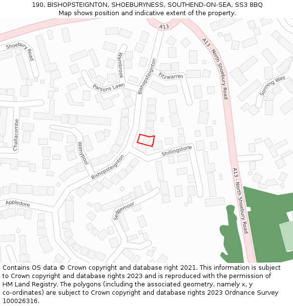 190, BISHOPSTEIGNTON, SHOEBURYNESS, SOUTHEND-ON-SEA, SS3 8BQ: Location map and indicative extent of plot