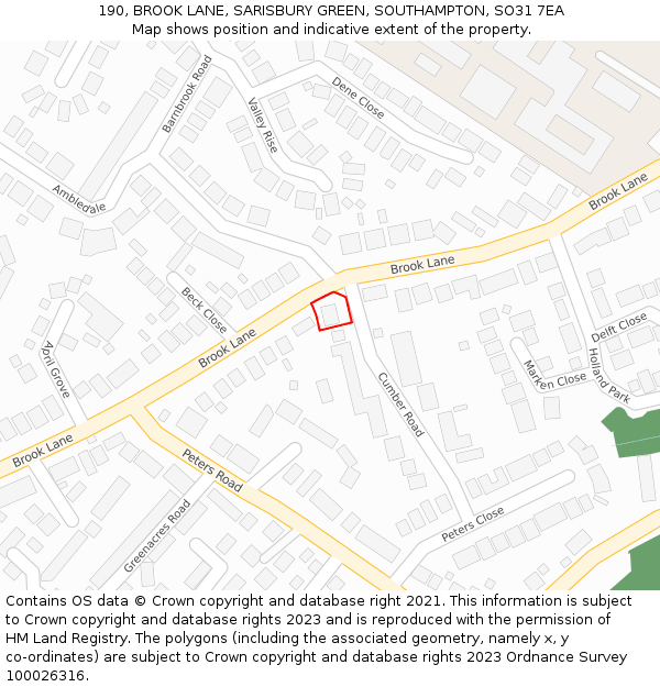 190, BROOK LANE, SARISBURY GREEN, SOUTHAMPTON, SO31 7EA: Location map and indicative extent of plot