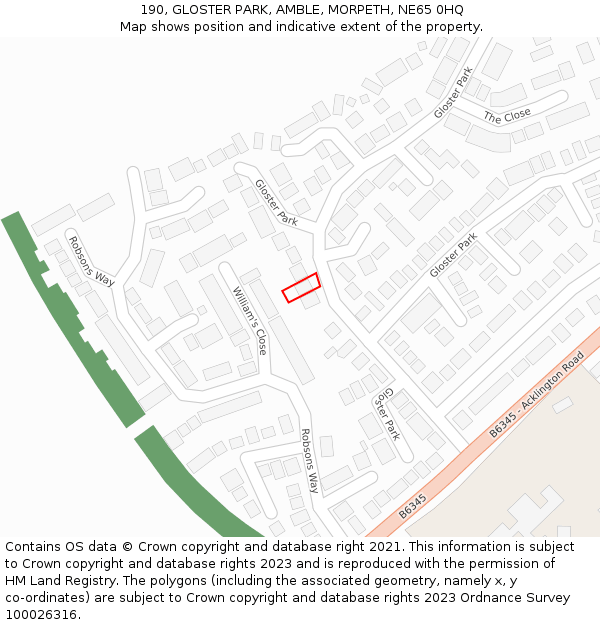190, GLOSTER PARK, AMBLE, MORPETH, NE65 0HQ: Location map and indicative extent of plot