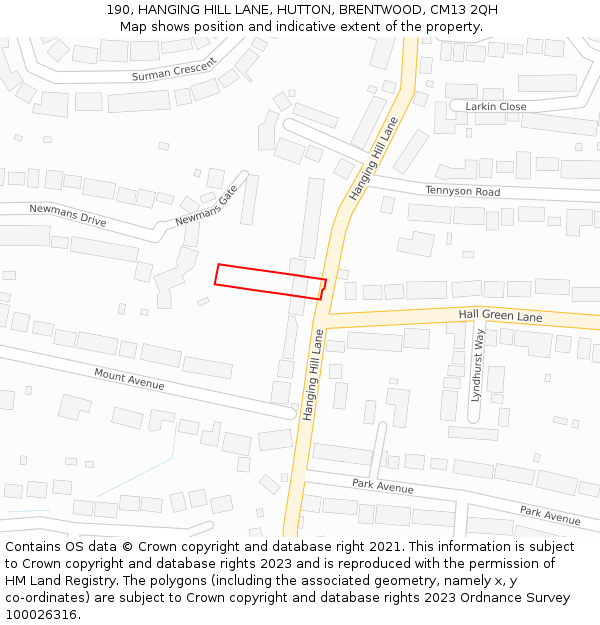 190, HANGING HILL LANE, HUTTON, BRENTWOOD, CM13 2QH: Location map and indicative extent of plot
