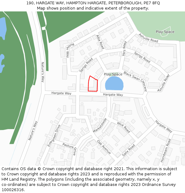 190, HARGATE WAY, HAMPTON HARGATE, PETERBOROUGH, PE7 8FQ: Location map and indicative extent of plot