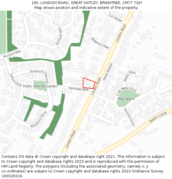190, LONDON ROAD, GREAT NOTLEY, BRAINTREE, CM77 7QH: Location map and indicative extent of plot