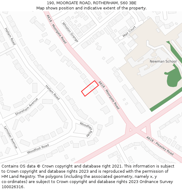 190, MOORGATE ROAD, ROTHERHAM, S60 3BE: Location map and indicative extent of plot