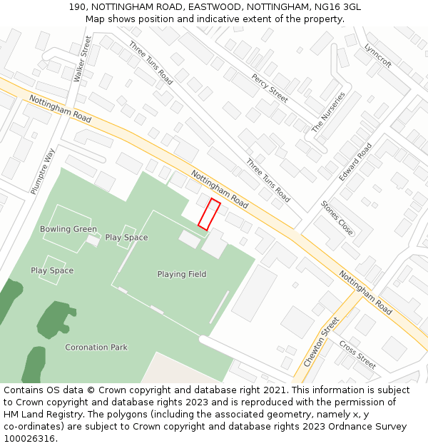 190, NOTTINGHAM ROAD, EASTWOOD, NOTTINGHAM, NG16 3GL: Location map and indicative extent of plot