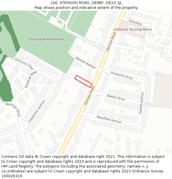 190, STENSON ROAD, DERBY, DE23 1JL: Location map and indicative extent of plot