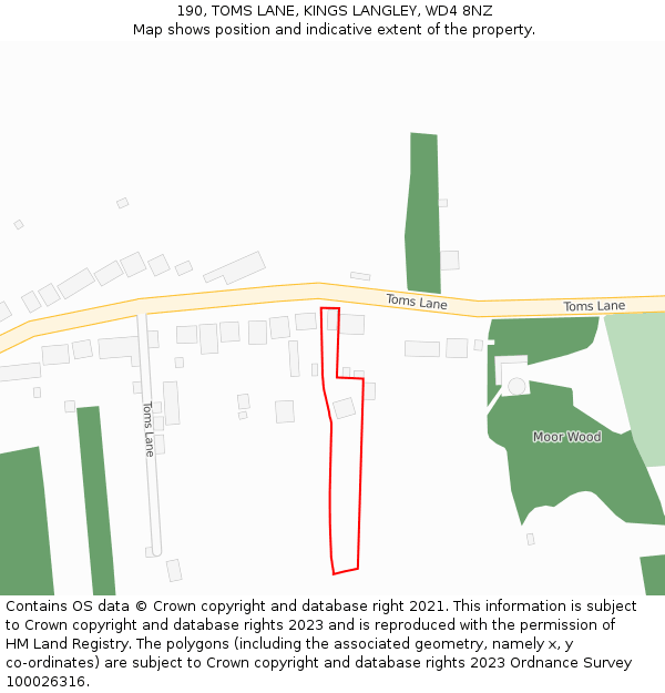 190, TOMS LANE, KINGS LANGLEY, WD4 8NZ: Location map and indicative extent of plot