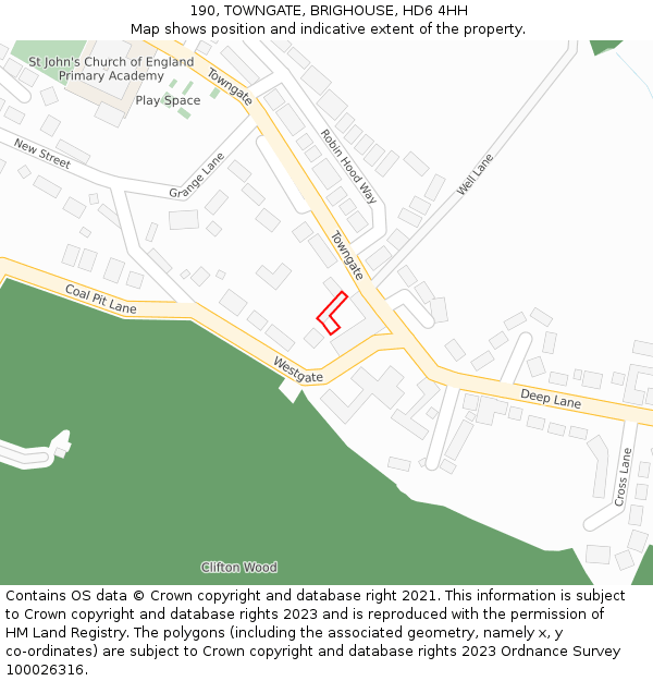 190, TOWNGATE, BRIGHOUSE, HD6 4HH: Location map and indicative extent of plot