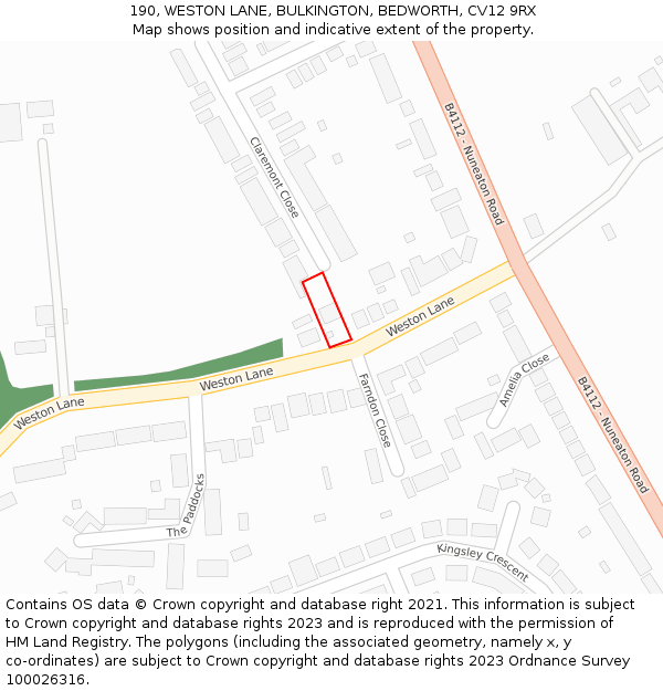 190, WESTON LANE, BULKINGTON, BEDWORTH, CV12 9RX: Location map and indicative extent of plot