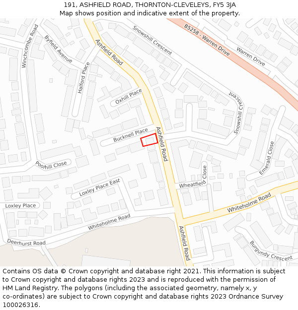 191, ASHFIELD ROAD, THORNTON-CLEVELEYS, FY5 3JA: Location map and indicative extent of plot