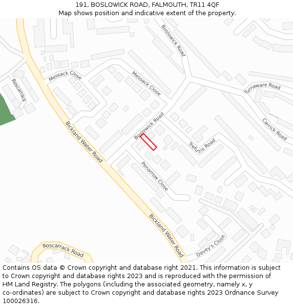 191, BOSLOWICK ROAD, FALMOUTH, TR11 4QF: Location map and indicative extent of plot