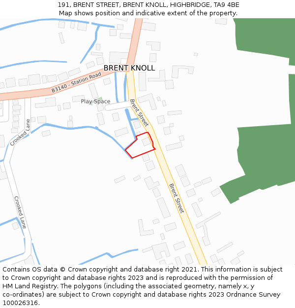 191, BRENT STREET, BRENT KNOLL, HIGHBRIDGE, TA9 4BE: Location map and indicative extent of plot