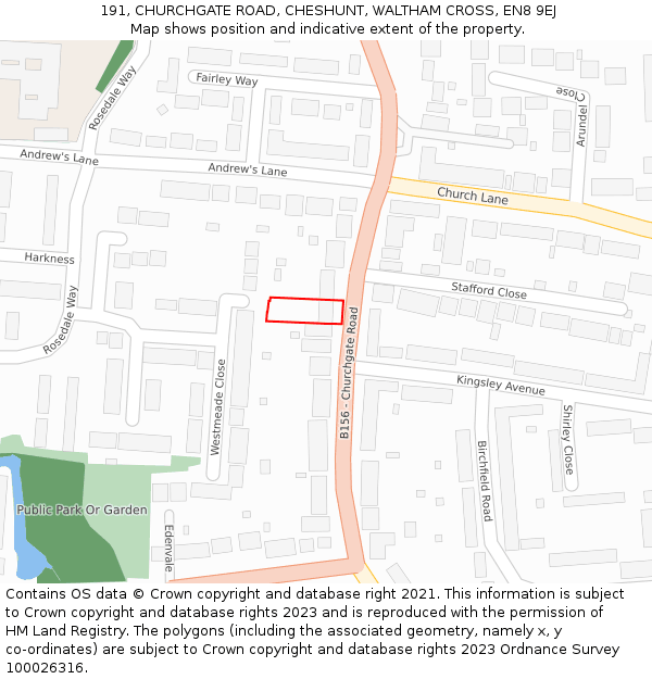 191, CHURCHGATE ROAD, CHESHUNT, WALTHAM CROSS, EN8 9EJ: Location map and indicative extent of plot