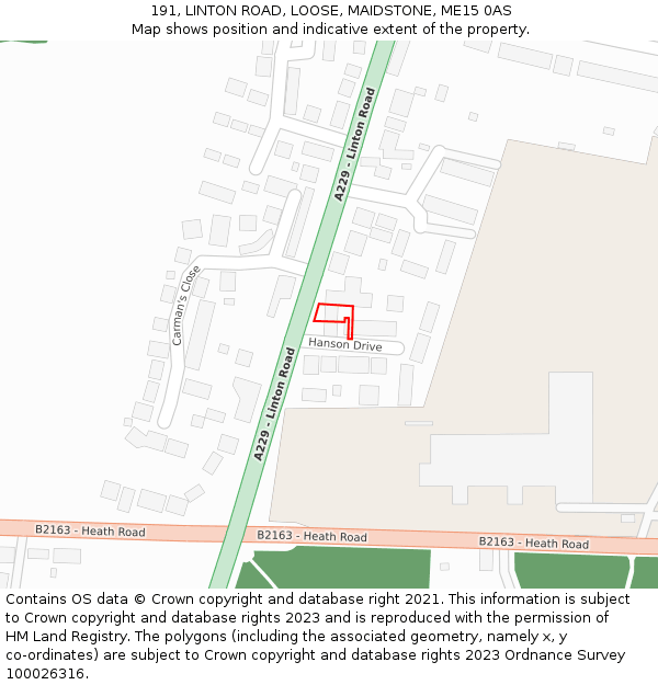 191, LINTON ROAD, LOOSE, MAIDSTONE, ME15 0AS: Location map and indicative extent of plot