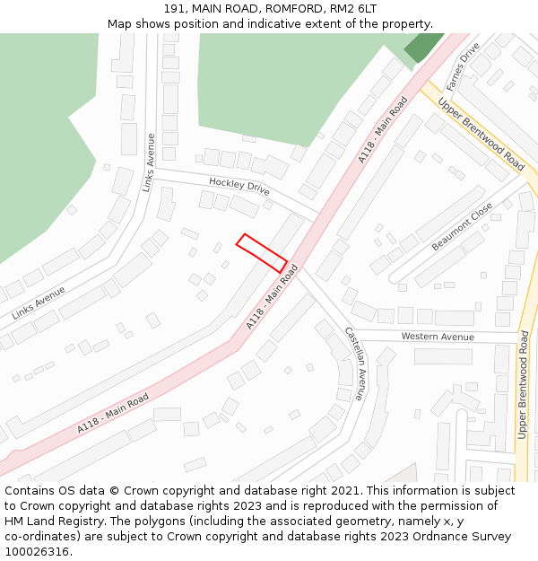 191, MAIN ROAD, ROMFORD, RM2 6LT: Location map and indicative extent of plot