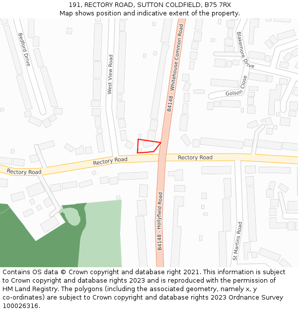 191, RECTORY ROAD, SUTTON COLDFIELD, B75 7RX: Location map and indicative extent of plot