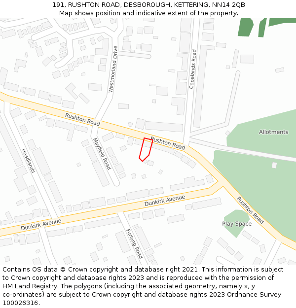 191, RUSHTON ROAD, DESBOROUGH, KETTERING, NN14 2QB: Location map and indicative extent of plot