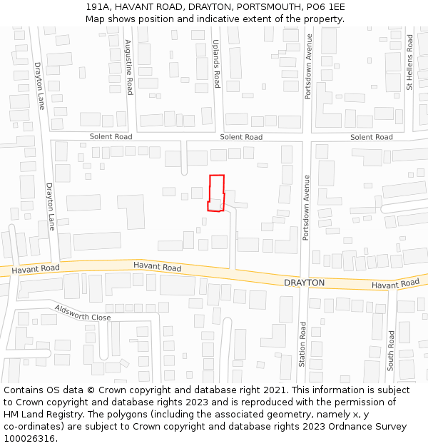 191A, HAVANT ROAD, DRAYTON, PORTSMOUTH, PO6 1EE: Location map and indicative extent of plot