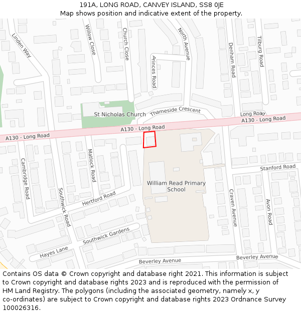 191A, LONG ROAD, CANVEY ISLAND, SS8 0JE: Location map and indicative extent of plot