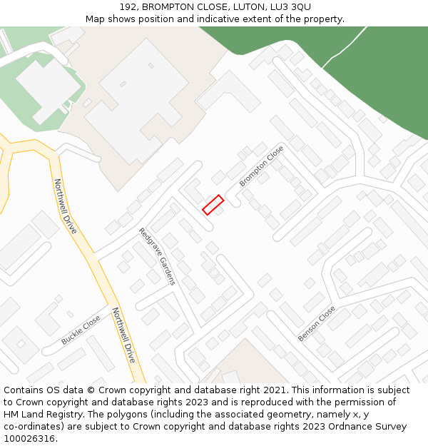 192, BROMPTON CLOSE, LUTON, LU3 3QU: Location map and indicative extent of plot