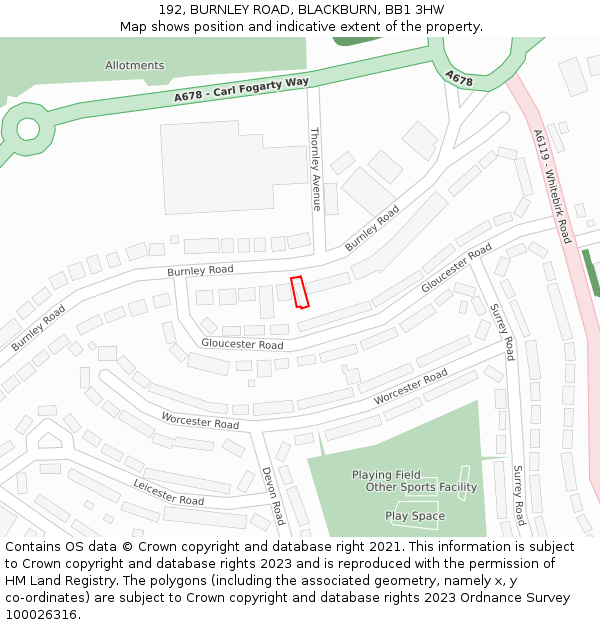 192, BURNLEY ROAD, BLACKBURN, BB1 3HW: Location map and indicative extent of plot