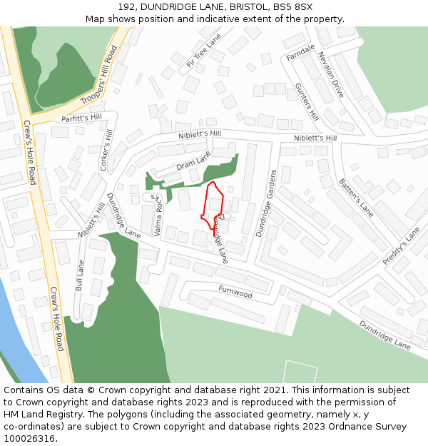 192, DUNDRIDGE LANE, BRISTOL, BS5 8SX: Location map and indicative extent of plot