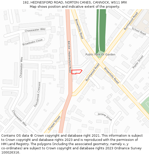 192, HEDNESFORD ROAD, NORTON CANES, CANNOCK, WS11 9RX: Location map and indicative extent of plot