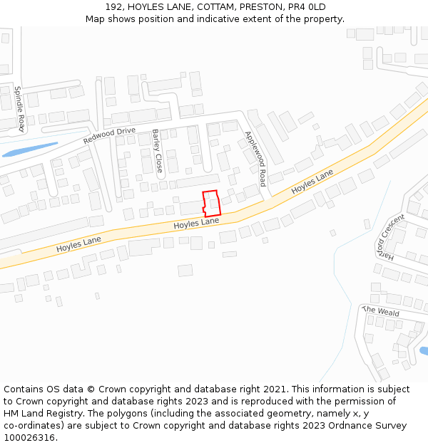 192, HOYLES LANE, COTTAM, PRESTON, PR4 0LD: Location map and indicative extent of plot