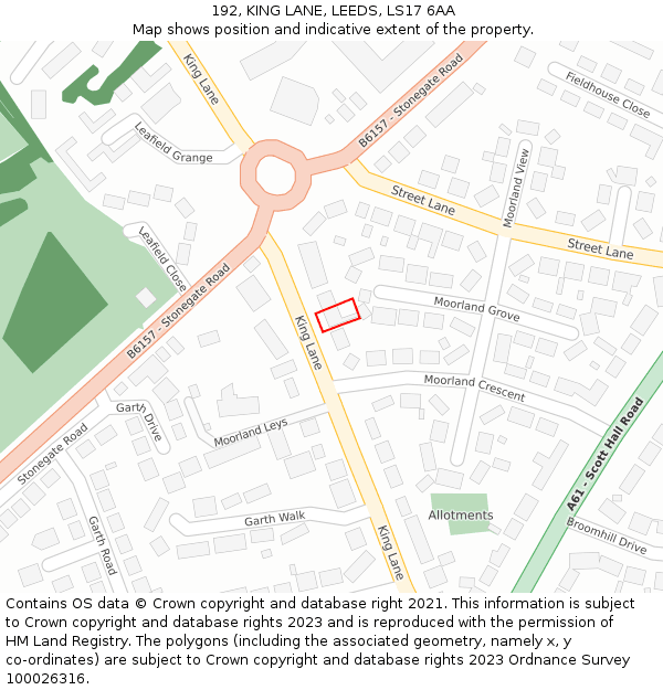192, KING LANE, LEEDS, LS17 6AA: Location map and indicative extent of plot
