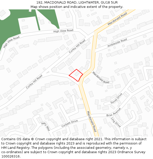 192, MACDONALD ROAD, LIGHTWATER, GU18 5UR: Location map and indicative extent of plot