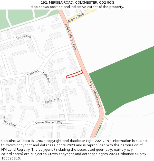 192, MERSEA ROAD, COLCHESTER, CO2 8QG: Location map and indicative extent of plot