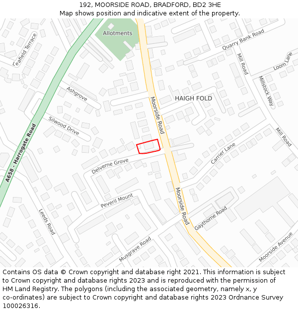 192, MOORSIDE ROAD, BRADFORD, BD2 3HE: Location map and indicative extent of plot