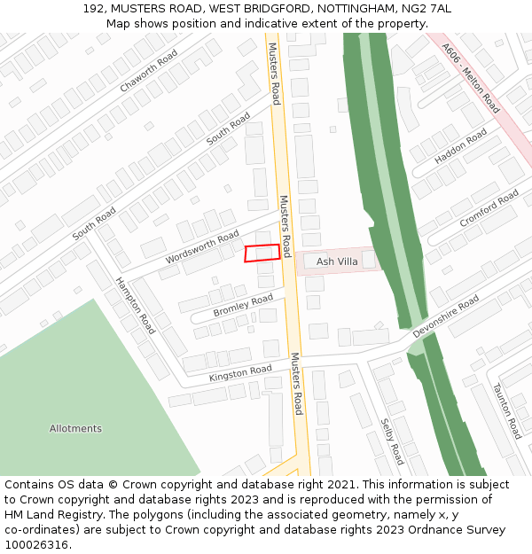 192, MUSTERS ROAD, WEST BRIDGFORD, NOTTINGHAM, NG2 7AL: Location map and indicative extent of plot