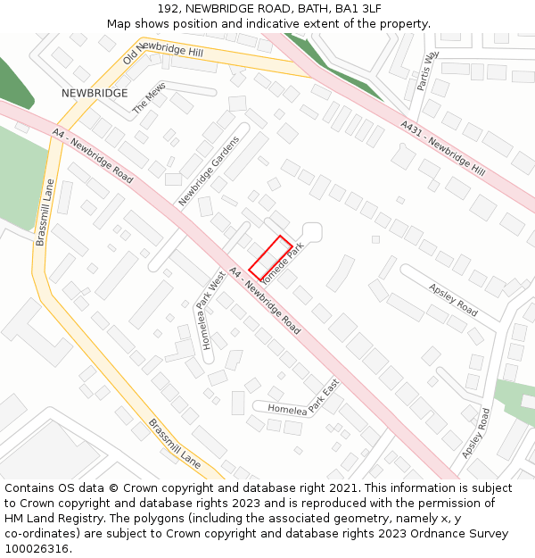 192, NEWBRIDGE ROAD, BATH, BA1 3LF: Location map and indicative extent of plot