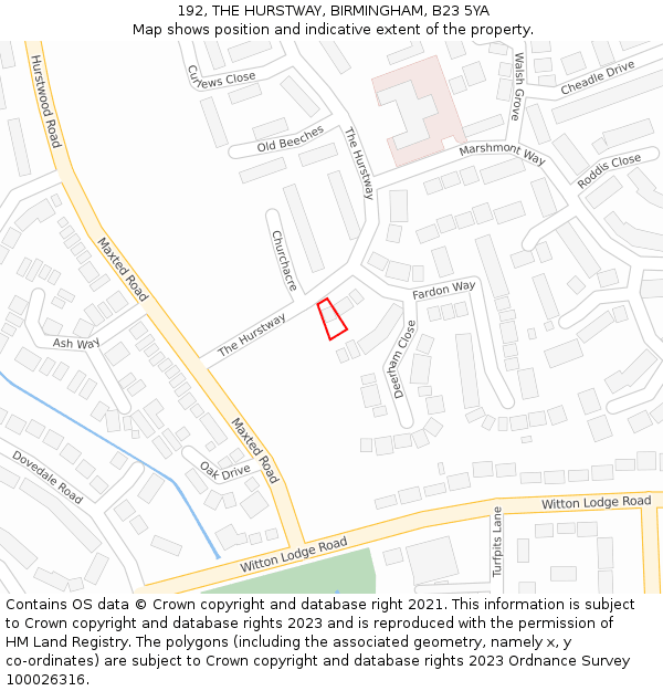 192, THE HURSTWAY, BIRMINGHAM, B23 5YA: Location map and indicative extent of plot